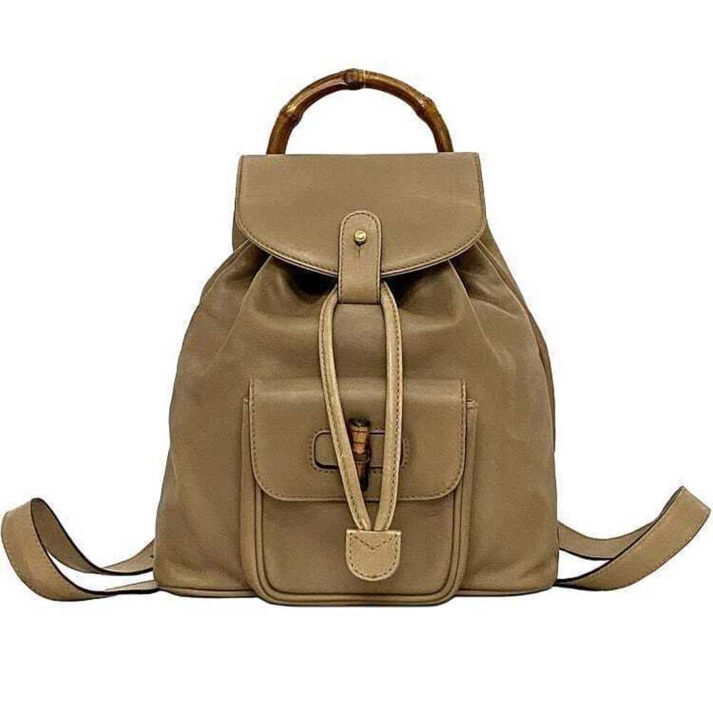 Gucci Bamboo Leather Drawstring Flap Handbag Beige Tan